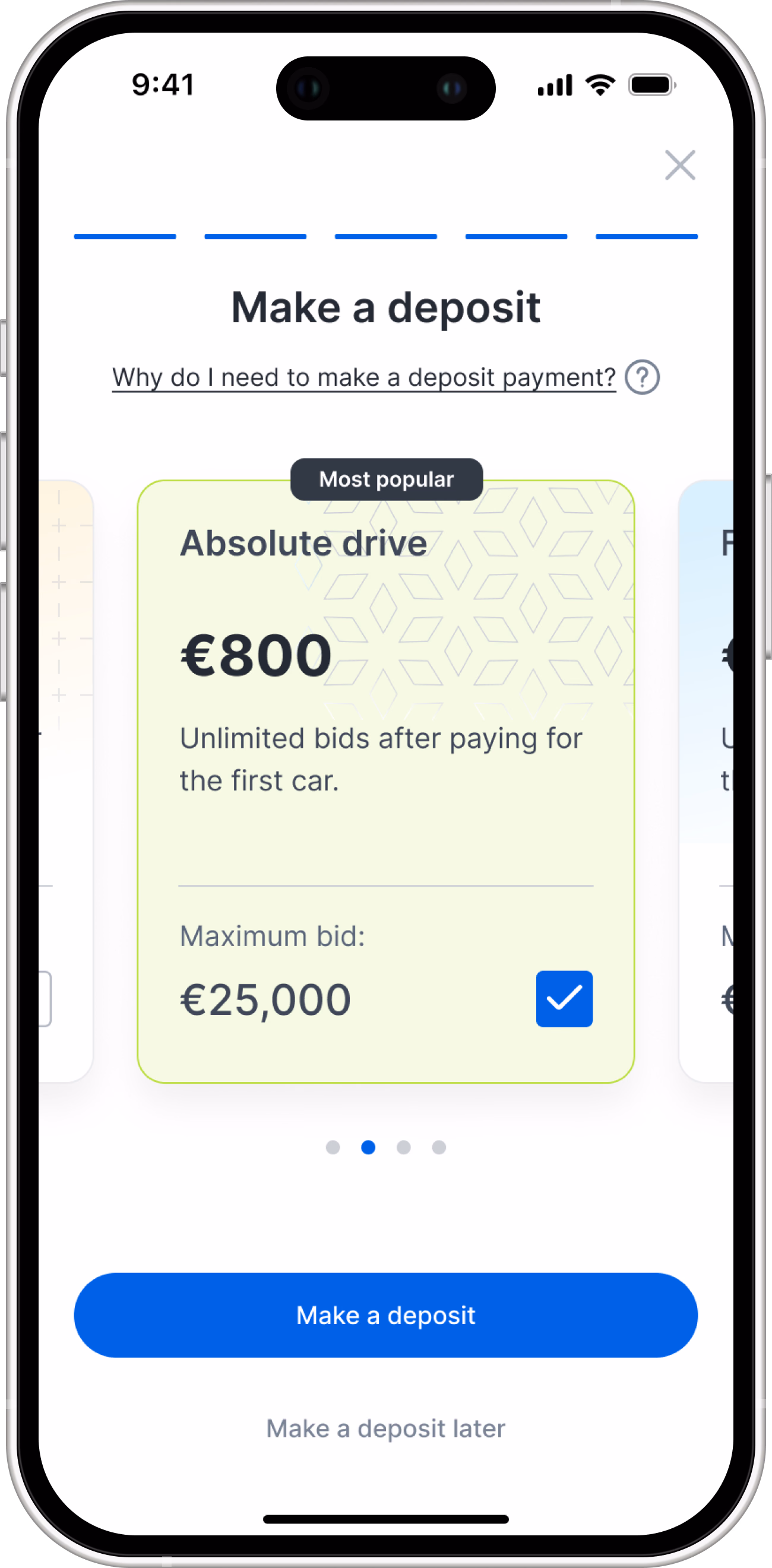 After: the Make a deposit screen with the €800 plan pre-selected, other plans in a horizontal scroll, a Make a deposit button and a Make a deposit later link.