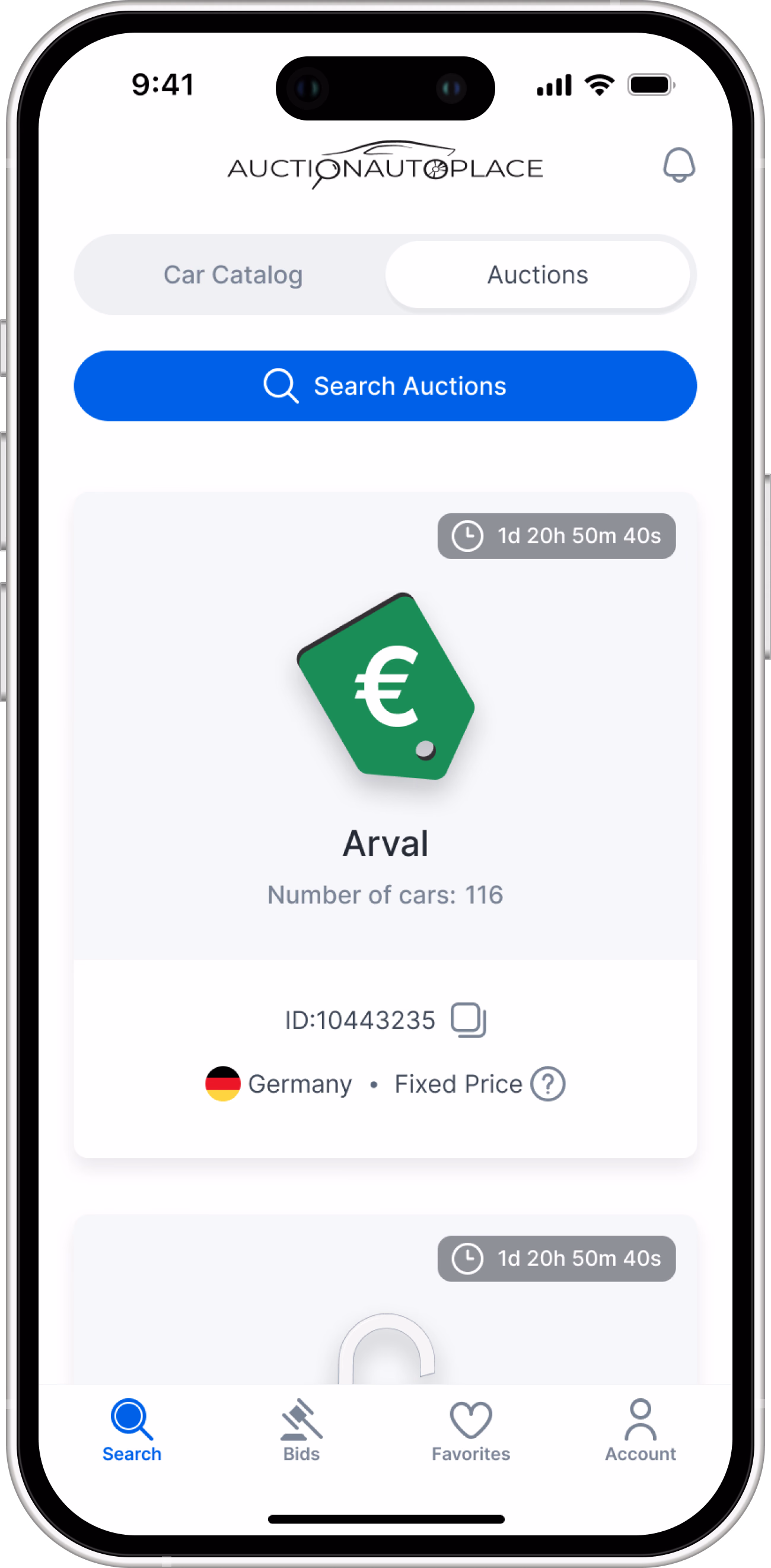 The Auctions tab showing an Arval auction sold at a fixed price, marked with a green euro sign.