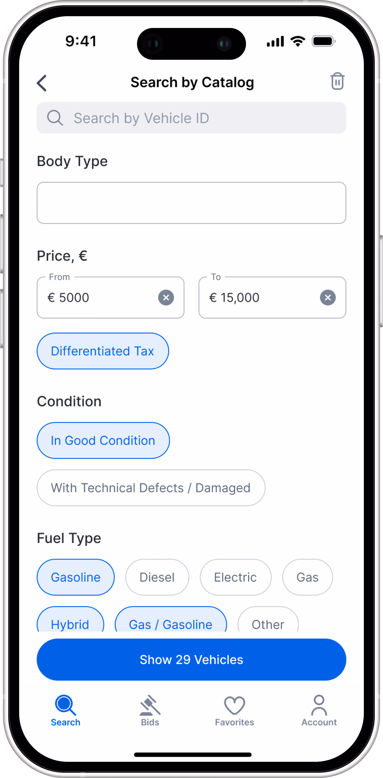 Search by Catalog, second screen: body type, price range, condition and fuel filters.