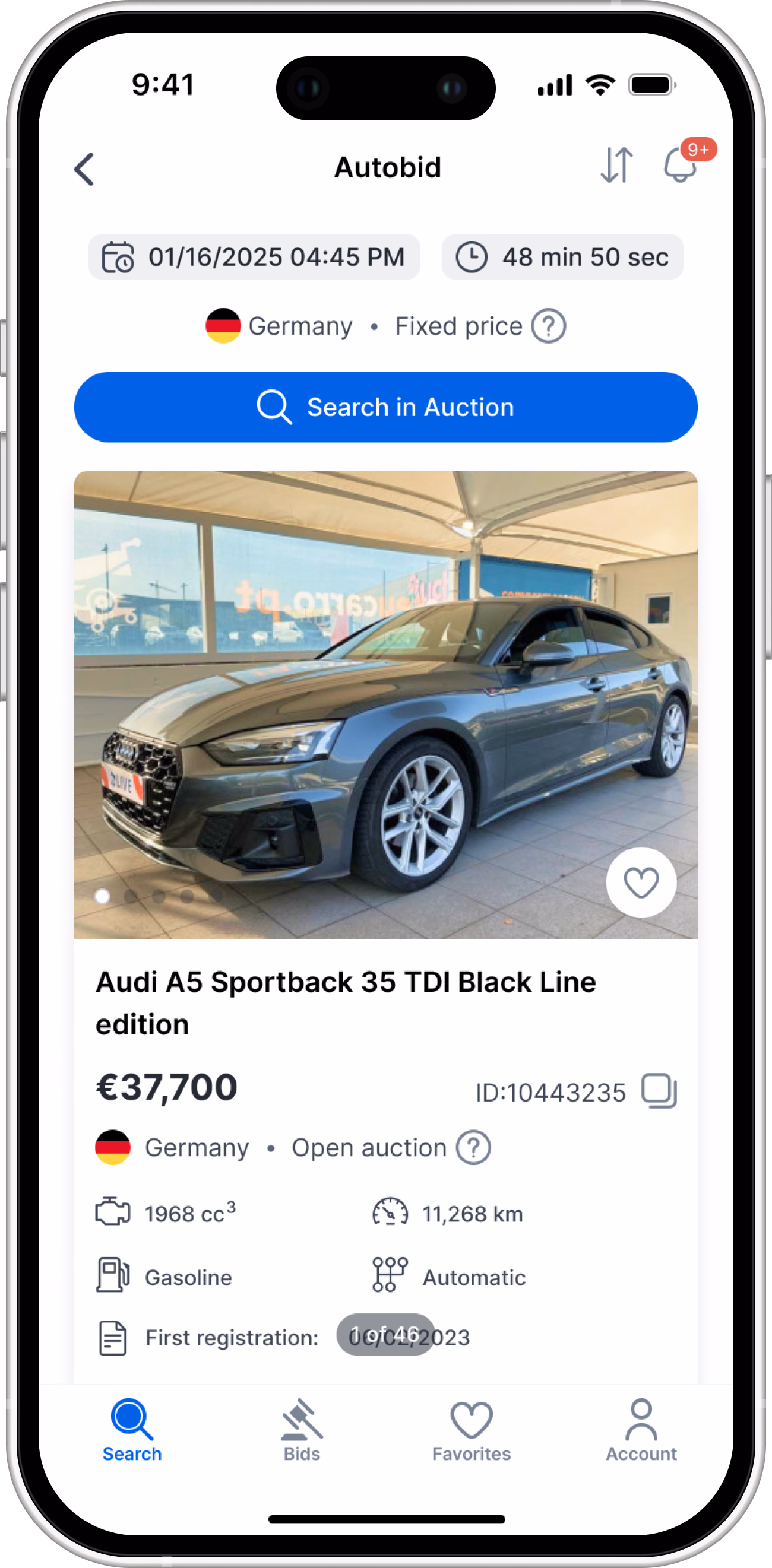 Inside the Autobid auction: a list of vehicles starting with an Audi A5.