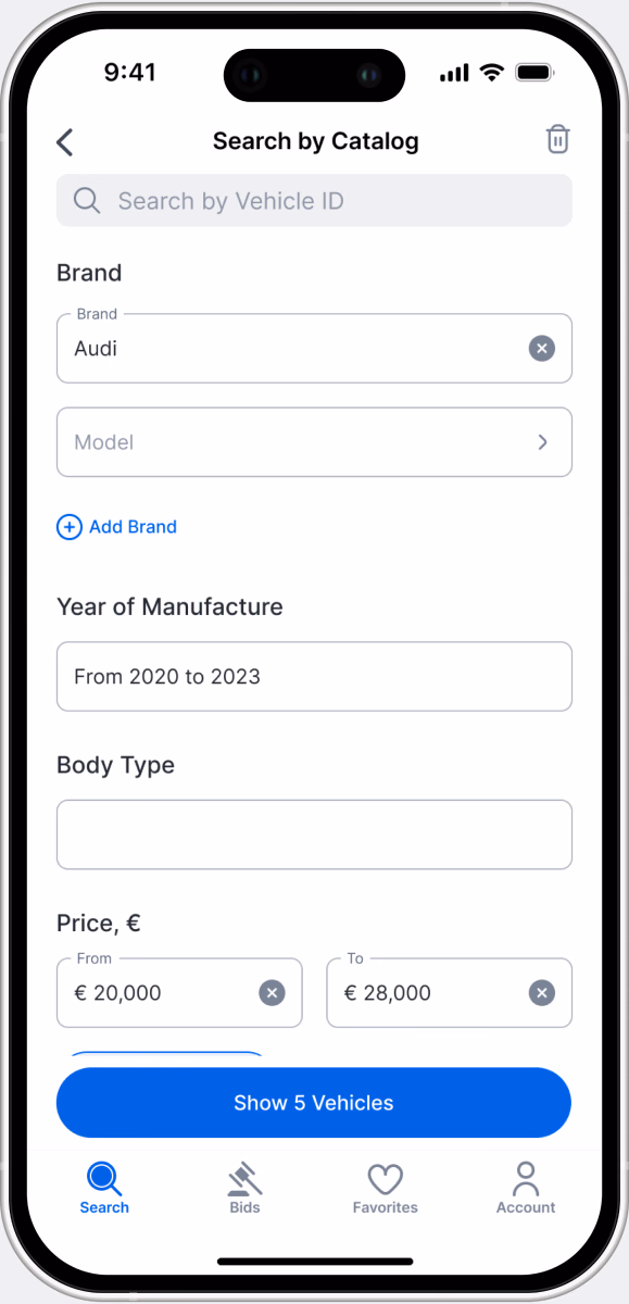 The catalog filter inside the auction with the brand Audi selected and a Show 5 Vehicles button.
