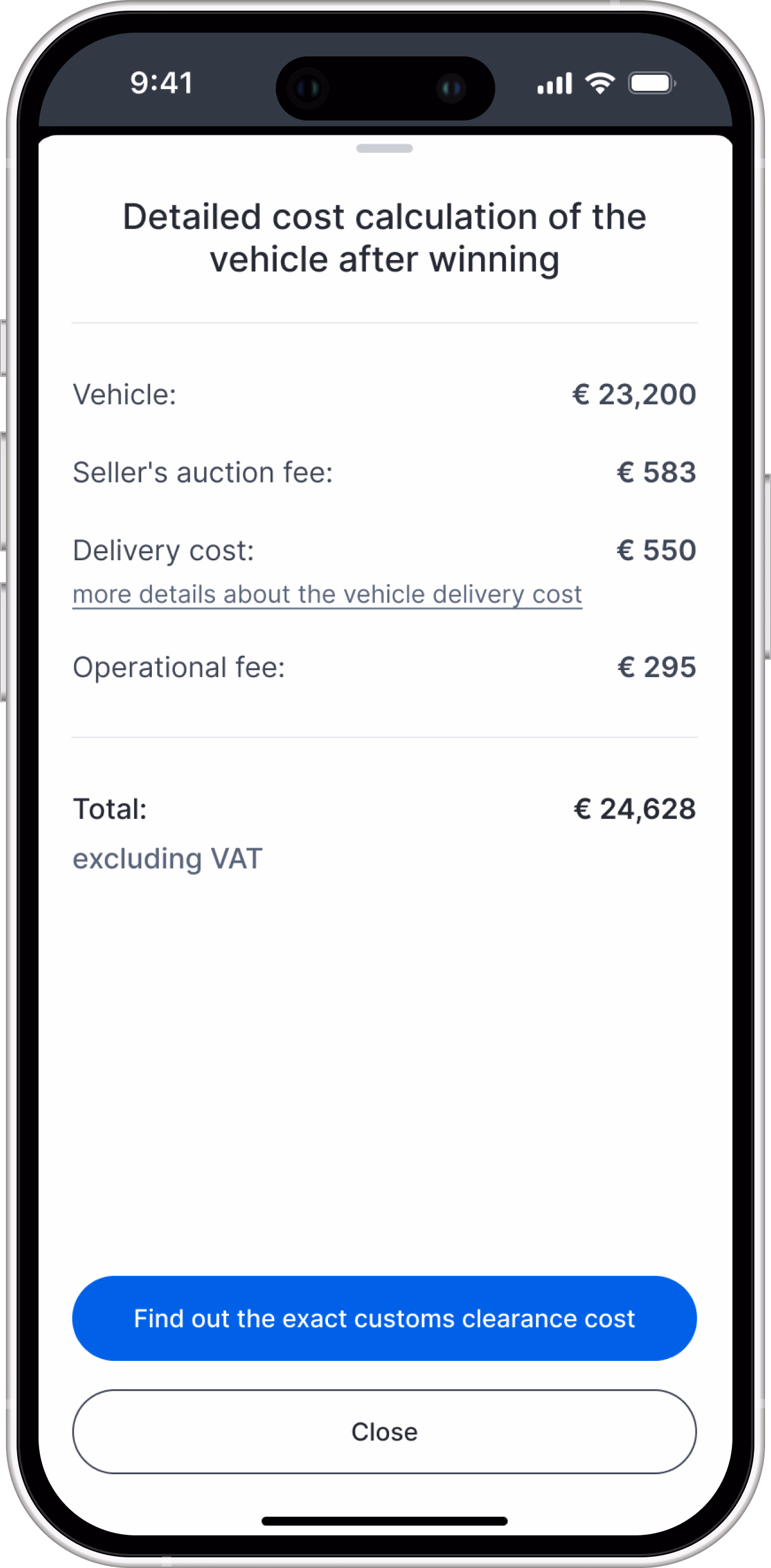 Detailed cost calculation: an itemized list of vehicle price, seller fee, delivery and operational fees with the total.