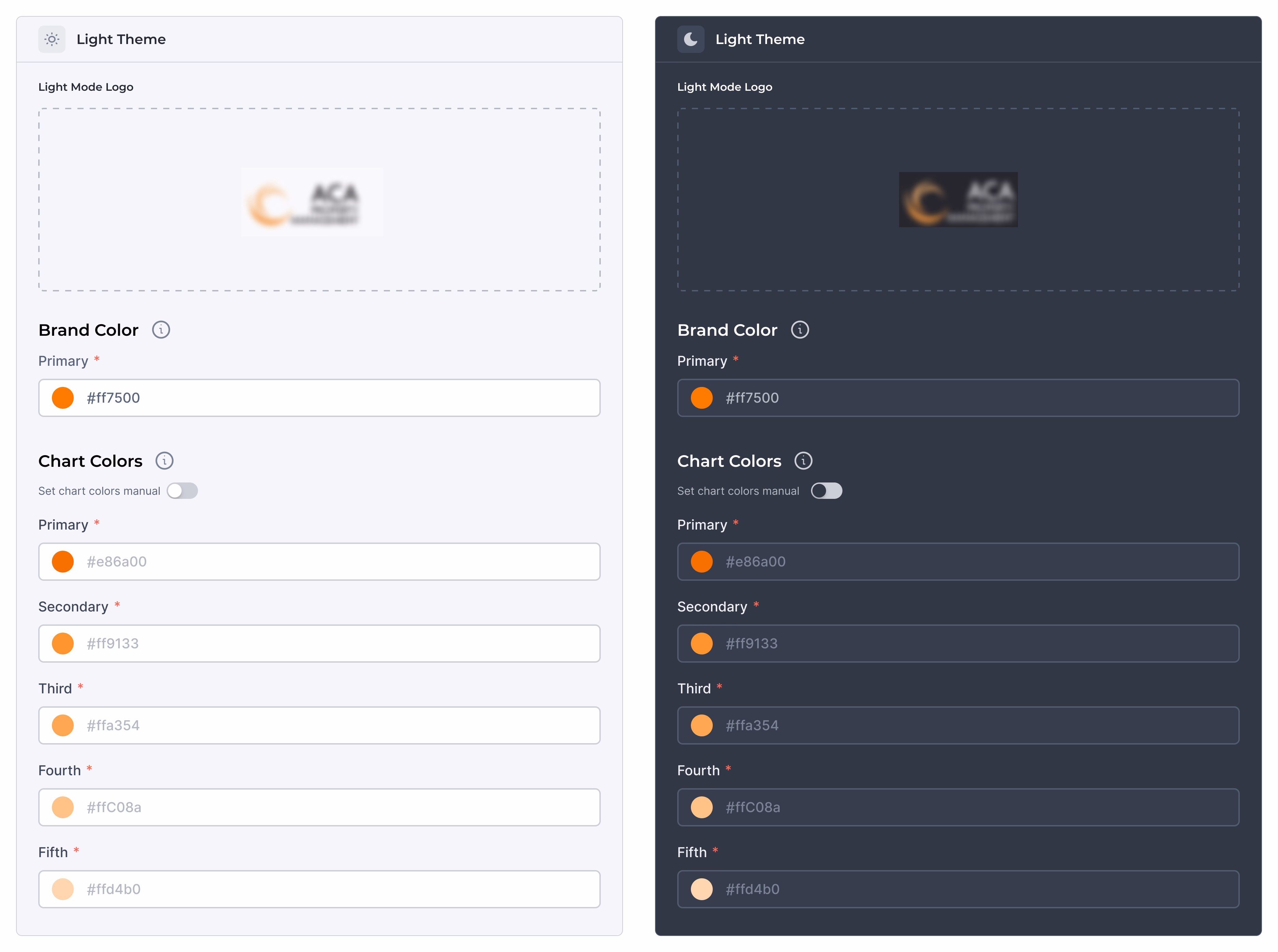 After: the same screen with a Brand Color field and a Chart Colors section with a toggle for generating the colors automatically. The chart colors are now generated orange tints.